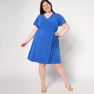 Susan Graver Petite Liquid Knit Faux Wrap Dress - Blue Sz PL a646285